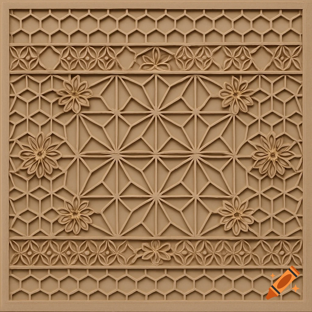 A detailed traditional Japanese kumiko wooden pattern featuring geometric shapes and floral designs in a light wood tone.