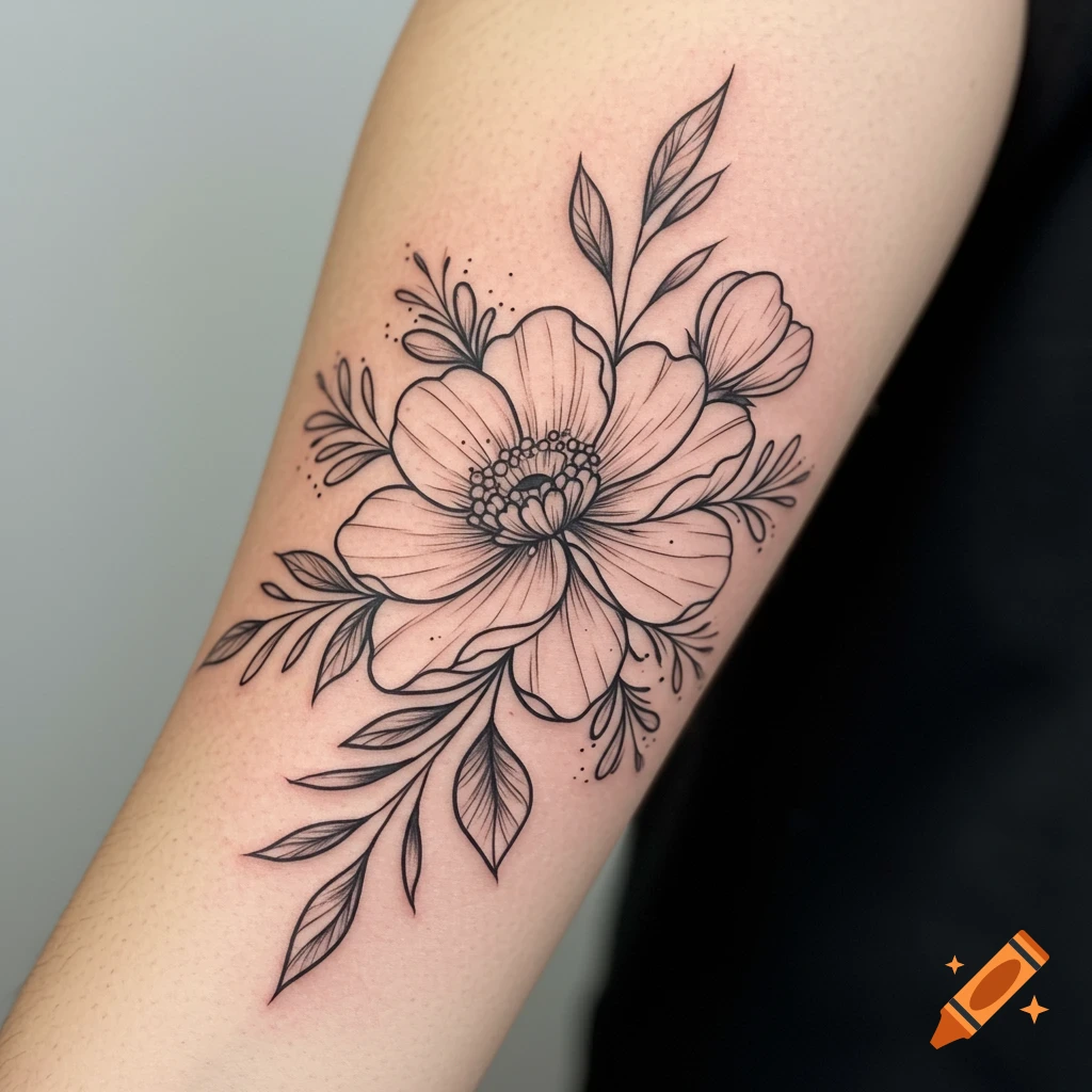 A black and white line art tattoo of a flower and leaves on a person's forearm.