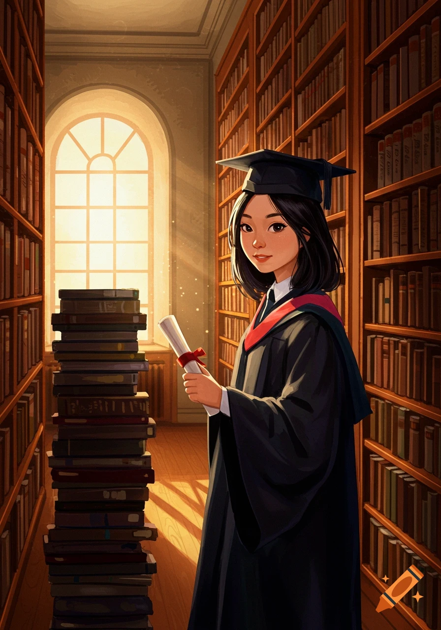 A young woman in a graduation cap and gown holds a diploma in a sunlit library with tall bookshelves, in a digital art style.