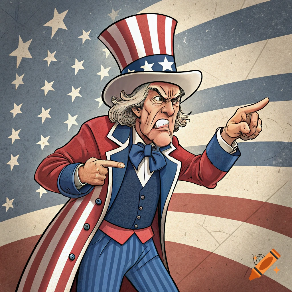 Angry Uncle Sam points fiercely against a distressed American flag background in a cartoon style.
