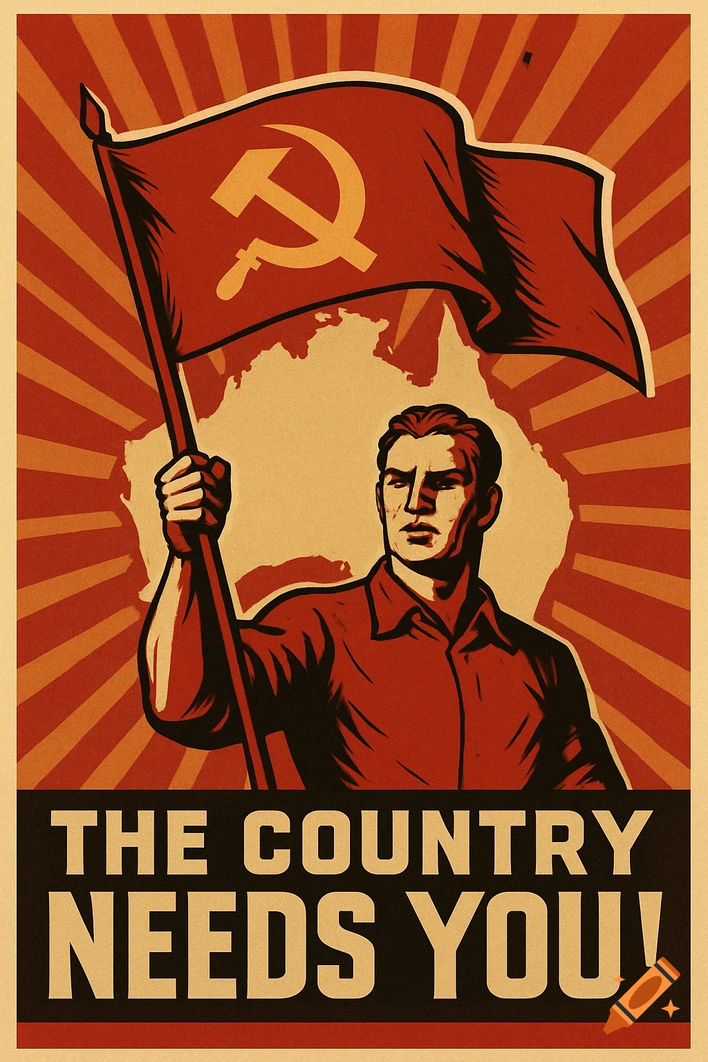 Stylized propaganda poster of a stern man holding a red flag with a hammer and sickle, with the text 'THE COUNTRY NEEDS YOU!' and a map of Australia in the background.