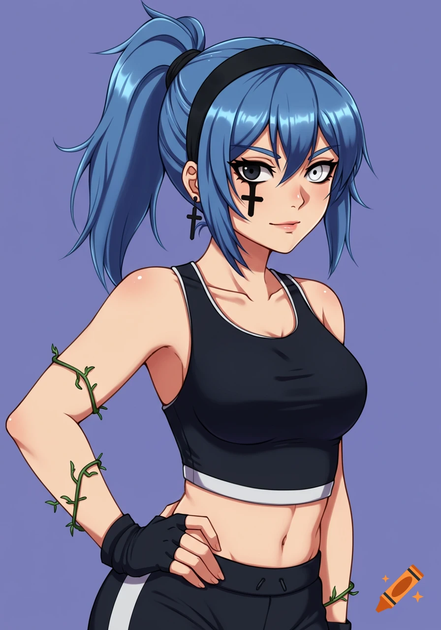 An anime-style young woman with blue ponytail, black headband, cross symbols on face and earring, and vines wrapped around her arms, wearing a black athletic top and pants.