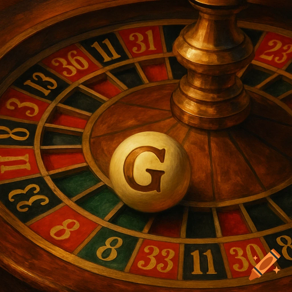 Close-up of a detailed roulette wheel with a gold ball marked with the letter 'G' resting on it in a classic style.