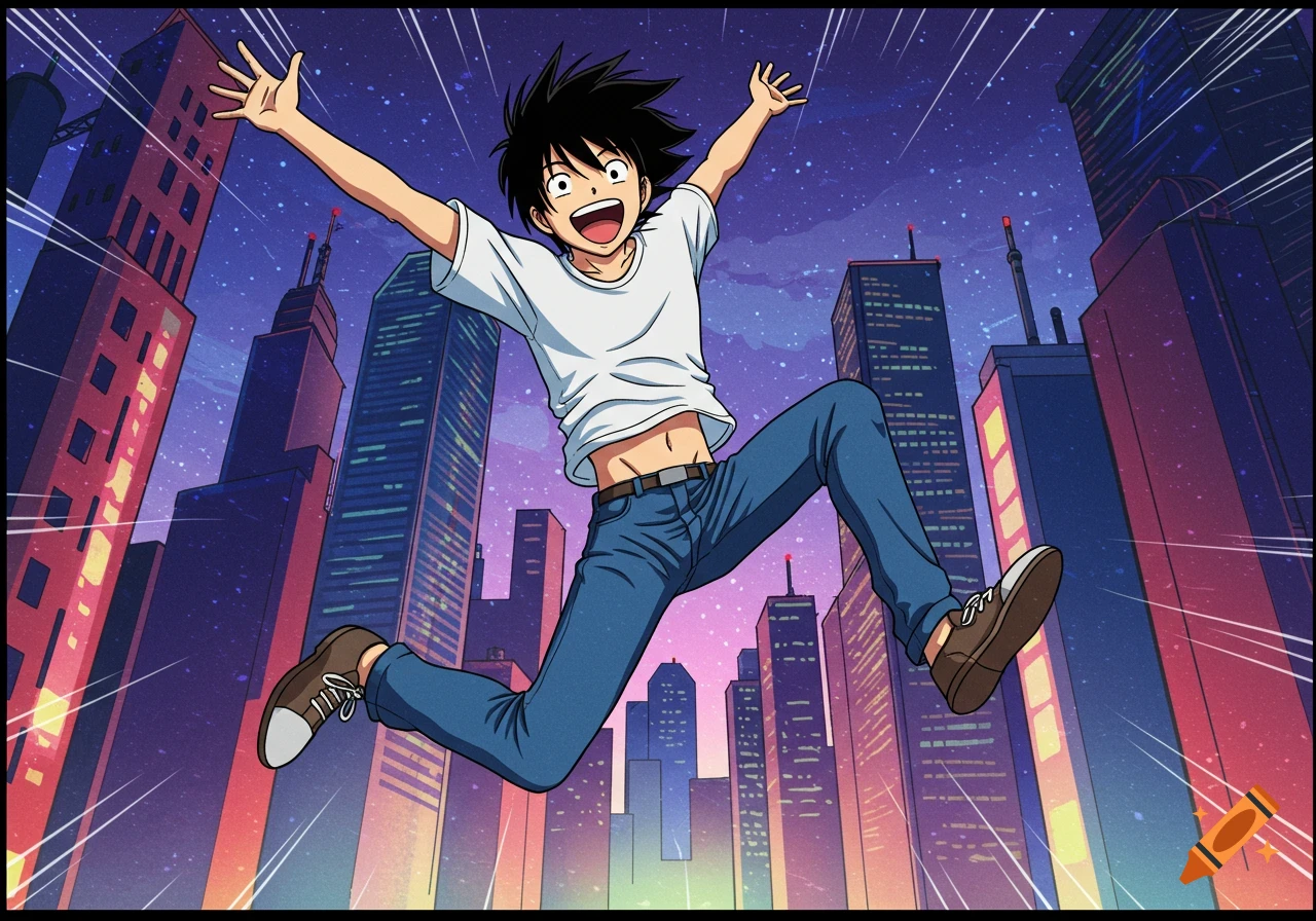 An excited anime man jumps in the air with arms outstretched against a backdrop of city skyscrapers at night.