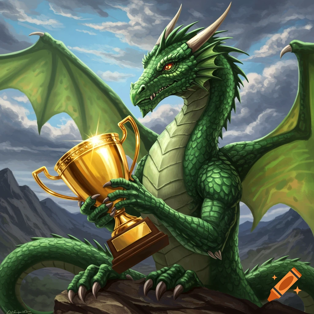 A green dragon proudly holds a shining golden trophy against a backdrop of mountains and a cloudy sky.
