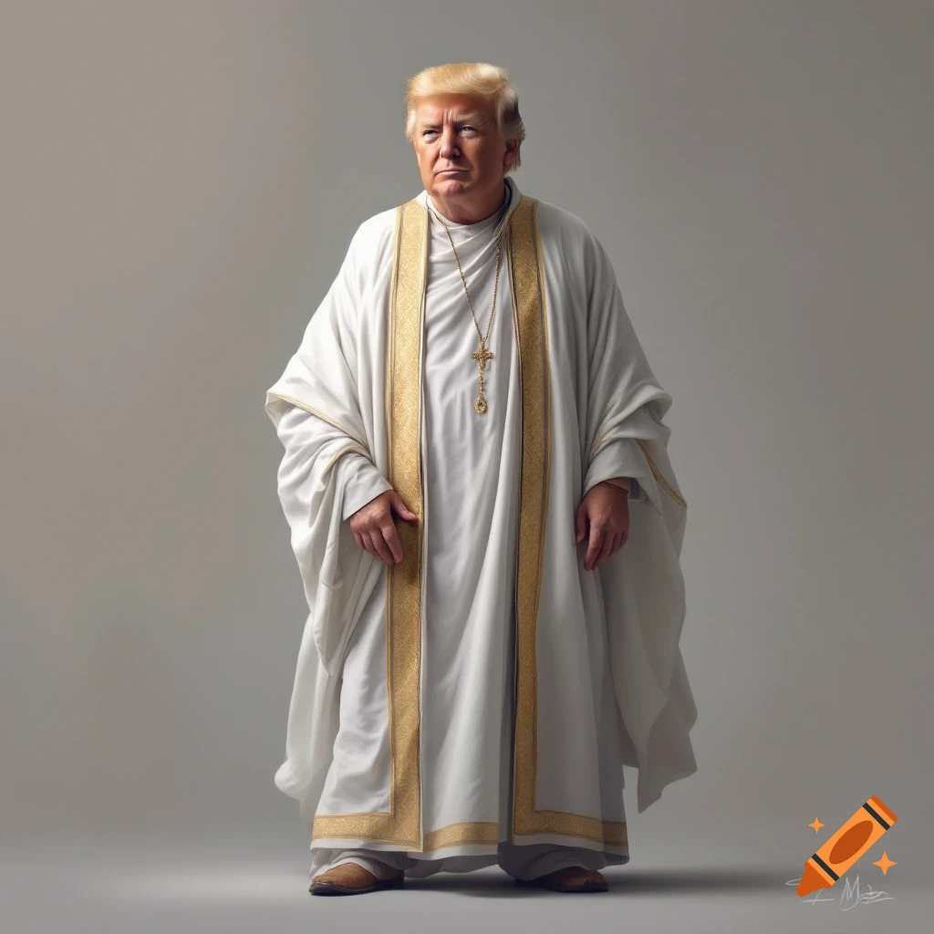 A photorealistic portrait of Donald Trump dressed in a white religious robe with gold trim and a crucifix necklace.