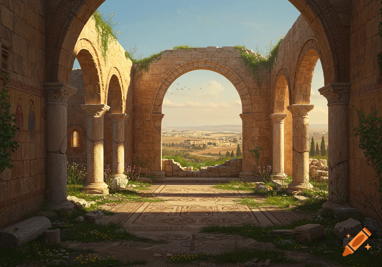 A photorealistic view from inside ancient stone ruins, featuring archways, pillars, and mosaic floors, looking out onto a sunny, sprawling landscape with fields and a distant town.
