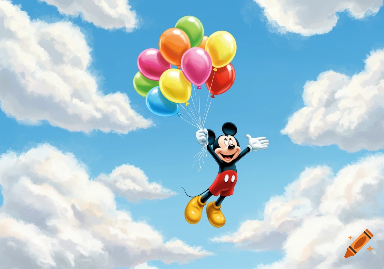 Mickey Mouse flying high in a blue sky with white clouds, holding a vibrant bunch of balloons. Cartoon style.