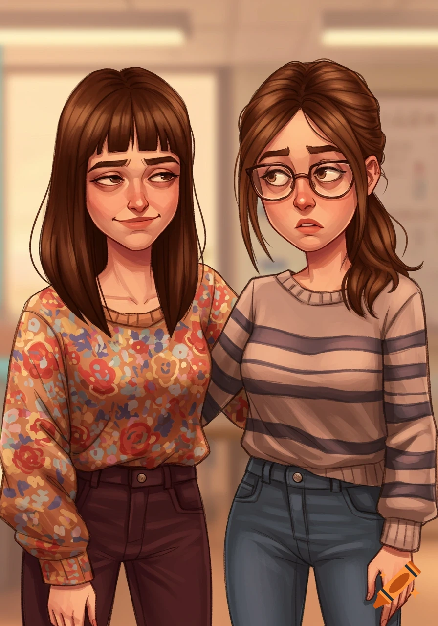 Two cartoon-style women, appearing tired, with brown hair and bangs on one, and glasses on the other, stand close together.