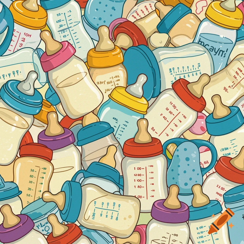 A colorful, cartoon-style collage of numerous baby bottles with different colored caps, some showing measurement markings.