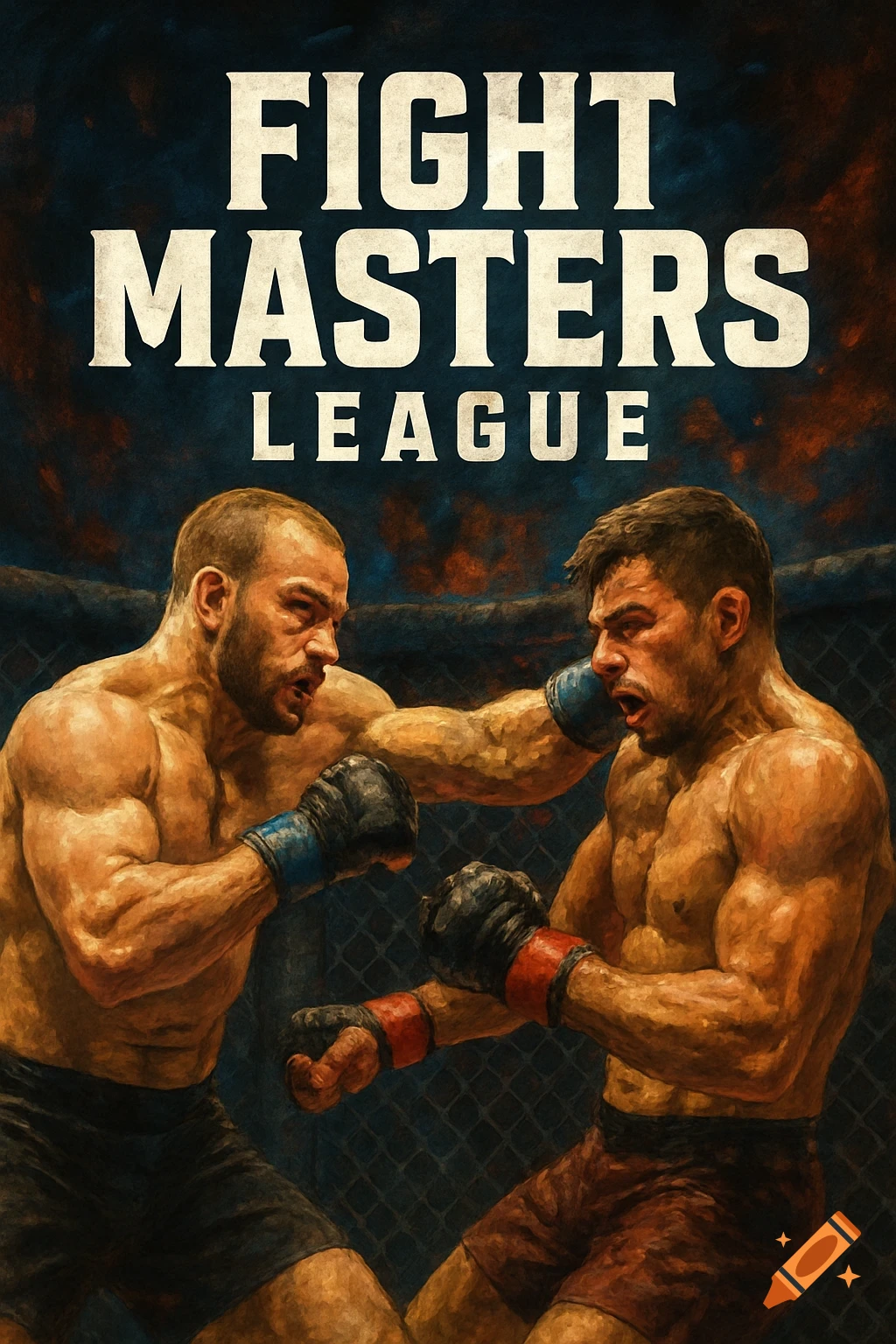Two muscular male MMA fighters in a cage, one mid-punch, with 'FIGHT MASTERS LEAGUE' text above, in a painterly style.