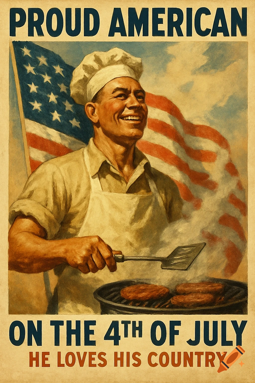 A smiling man in a chef's hat and apron grills burgers, with a large American flag waving behind him, in the style of a vintage propaganda poster.