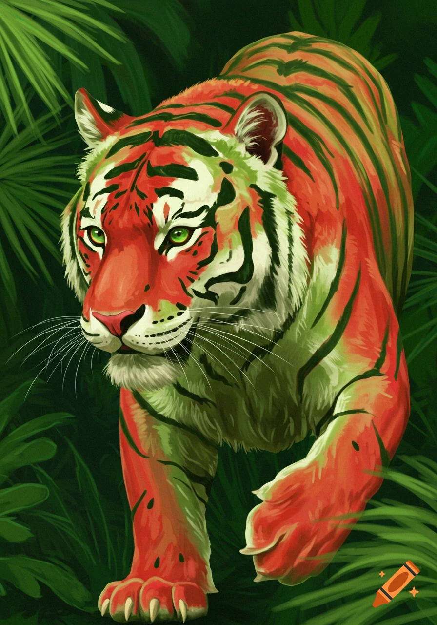 An illustrated red and green watermelon-colored tiger with green eyes stalks through lush jungle foliage.