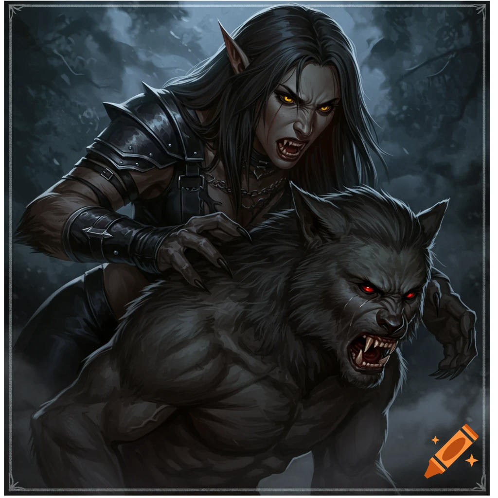 Dark fantasy illustration of a fierce, fanged female creature with long dark hair behind a snarling gray werewolf.