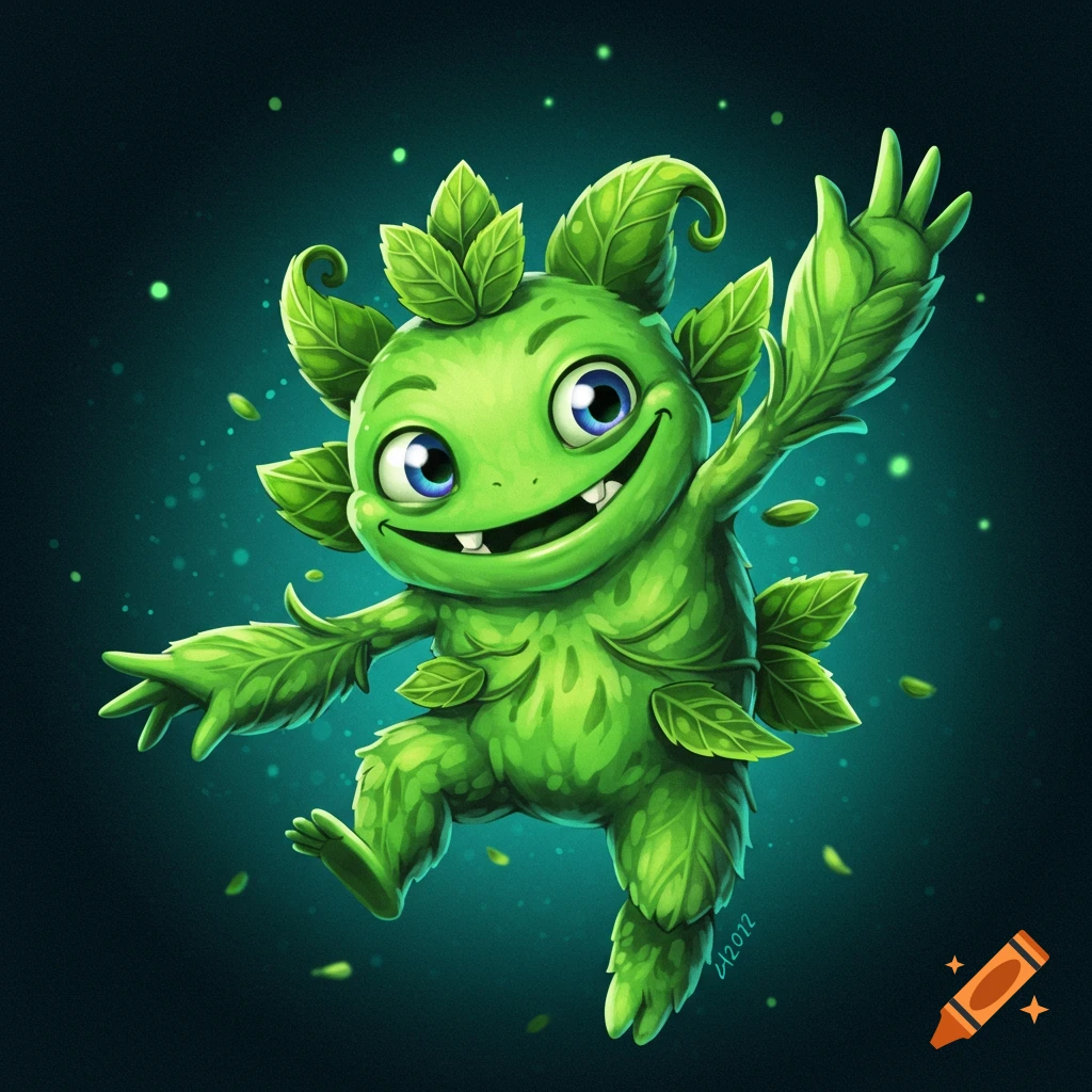 A cheerful, cute green leafy monster with big blue eyes and a wide smile, against a dark, sparkling background.