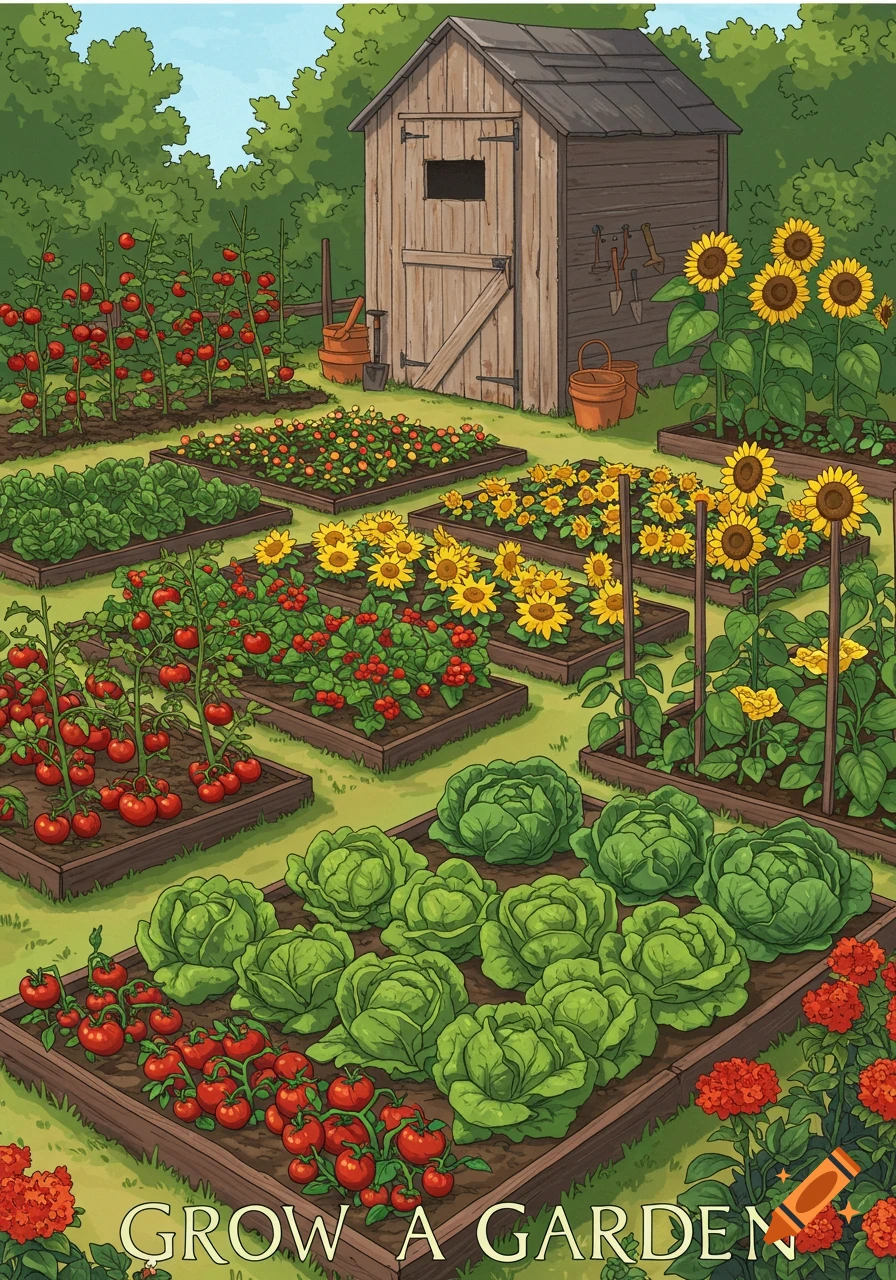 An illustration of a vibrant garden with various plant beds, including tomatoes, sunflowers, and cabbage, and a wooden shed in the background. The text "GROW A GARDEN" is at the bottom.
