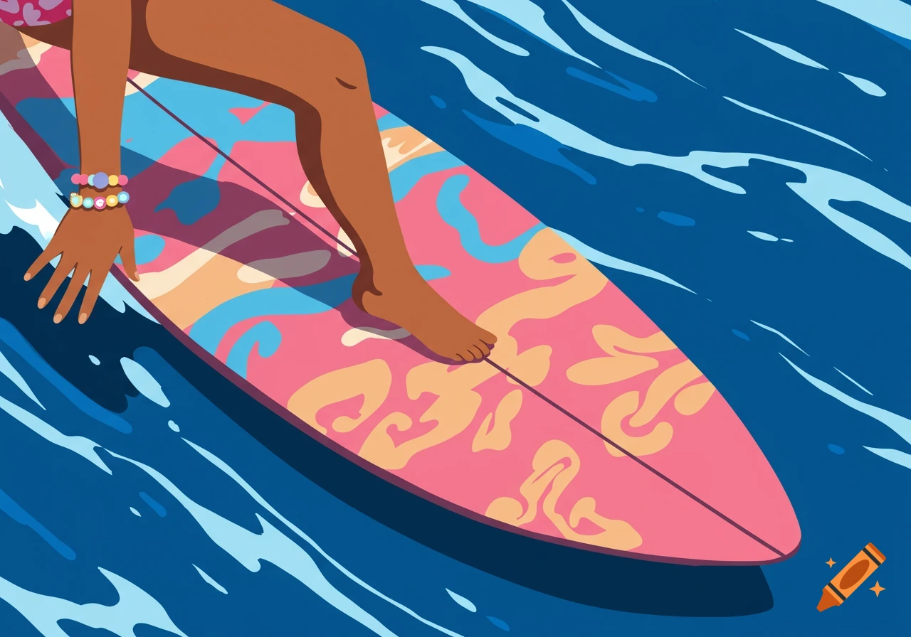 Close-up illustration of a person's legs and arm with a bracelet on a colorful surfboard in blue water.