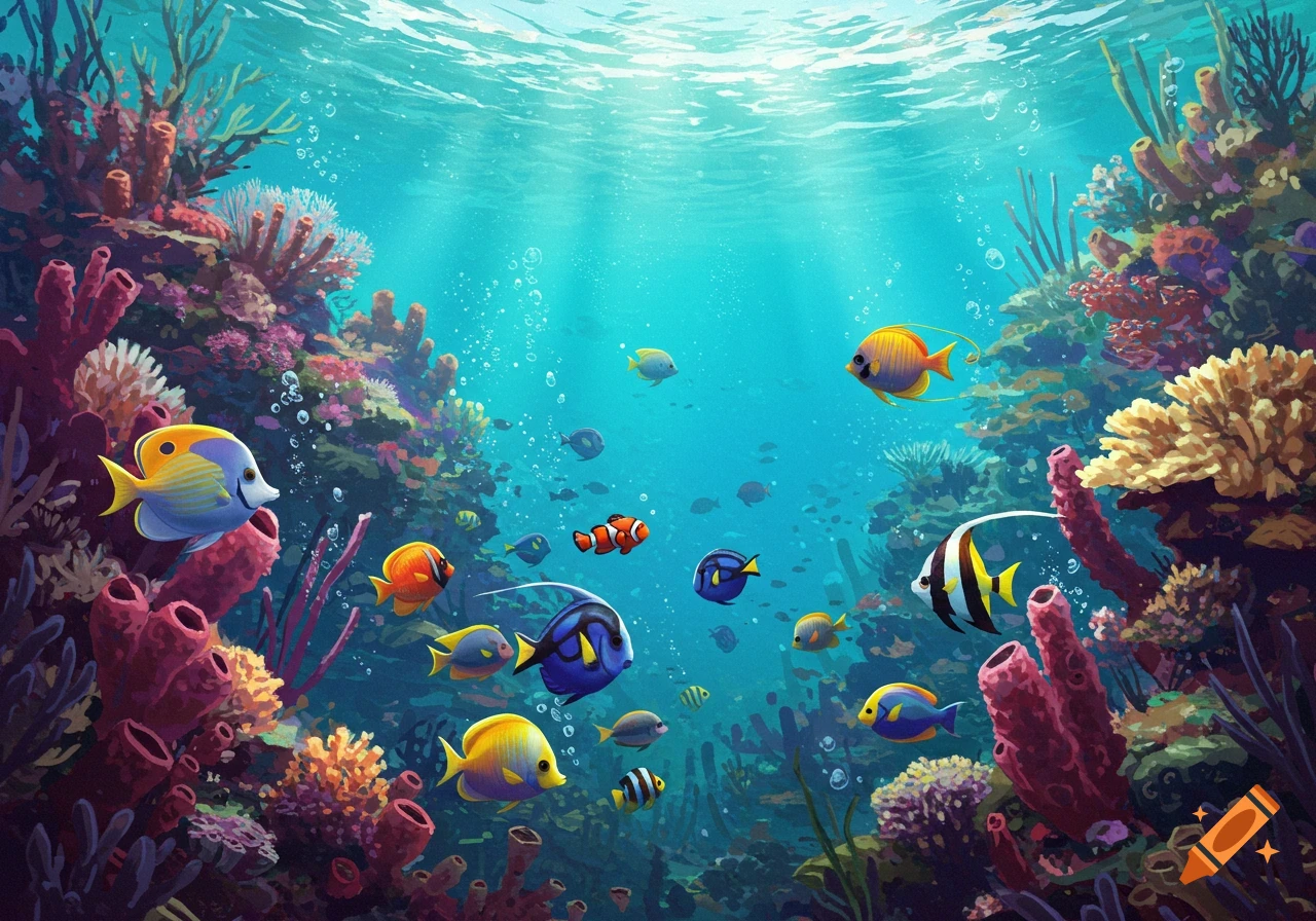 A vibrant underwater scene with colorful tropical fish swimming among a diverse coral reef, bathed in sunlight.