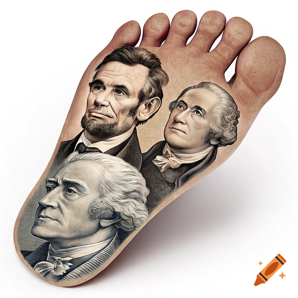 Detailed illustration of a human foot sole with portraits of Abraham Lincoln, George Washington, and another historical figure tattooed on it.