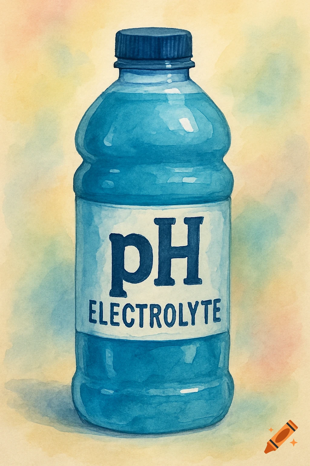 A watercolor painting of a blue plastic bottle with a white label that reads 'pH ELECTROLYTE'.