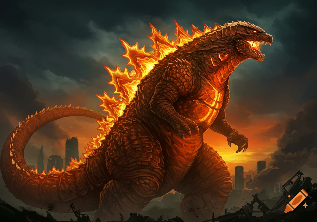 A digital illustration of Godzilla with glowing orange spines and chest, standing in a destroyed city under a stormy sky.