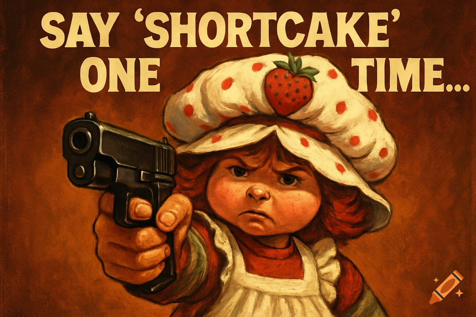 A determined Strawberry Shortcake holds a handgun, pointing it at the viewer, with text 'SAY 'SHORTCAKE' ONE TIME...' above.