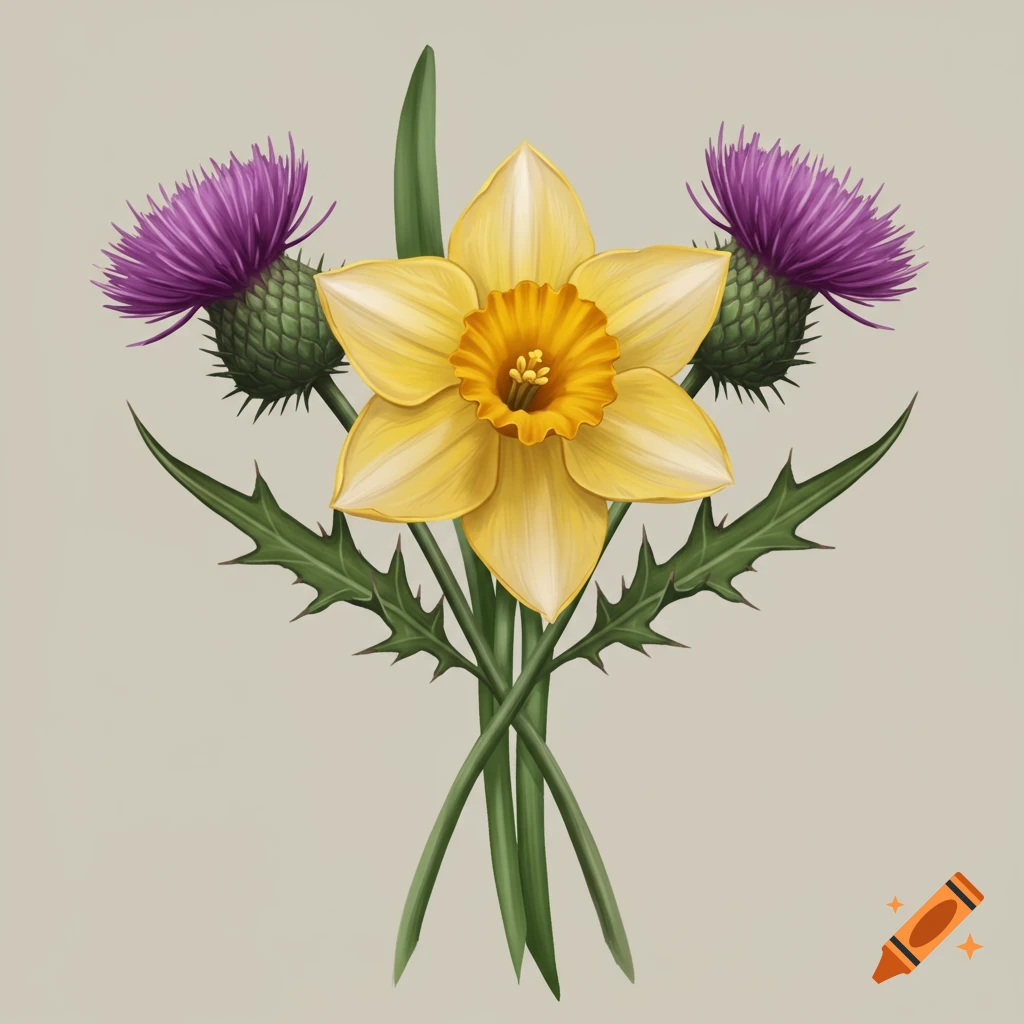 An illustration of a yellow daffodil centered between two purple thistles with interwoven green stems against a neutral background.