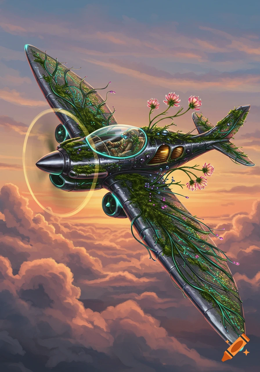 A fantastical airplane covered in lush green plants and pink flowers flies through a vibrant orange and purple sunset sky.