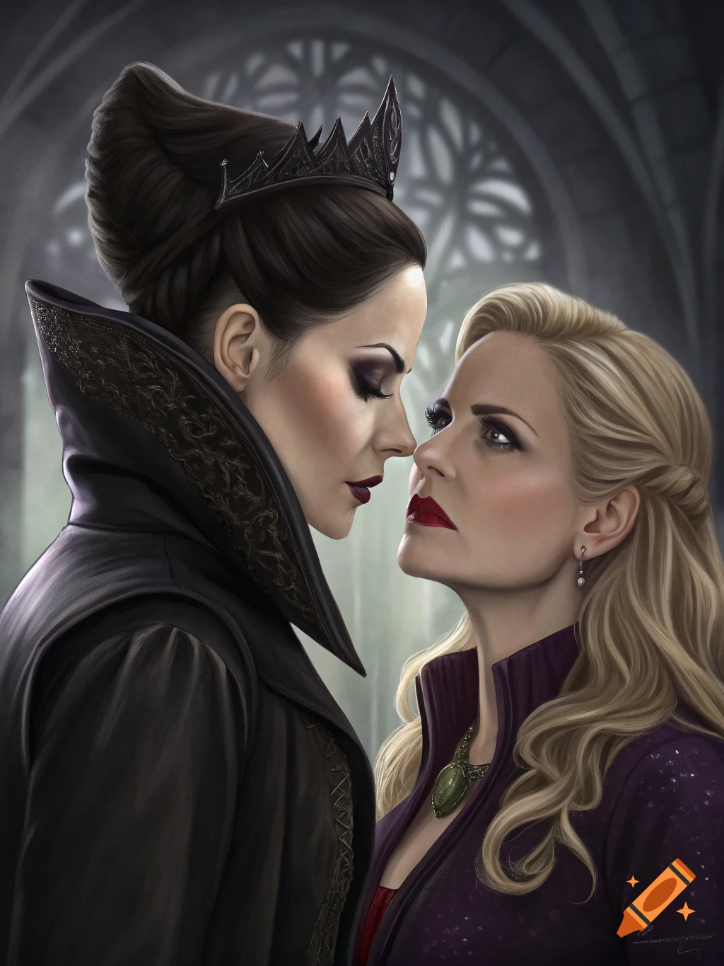 Regina Mills as the Evil Queen and Emma Swan from Once Upon a Time look intensely at each other in a dark, gothic setting.