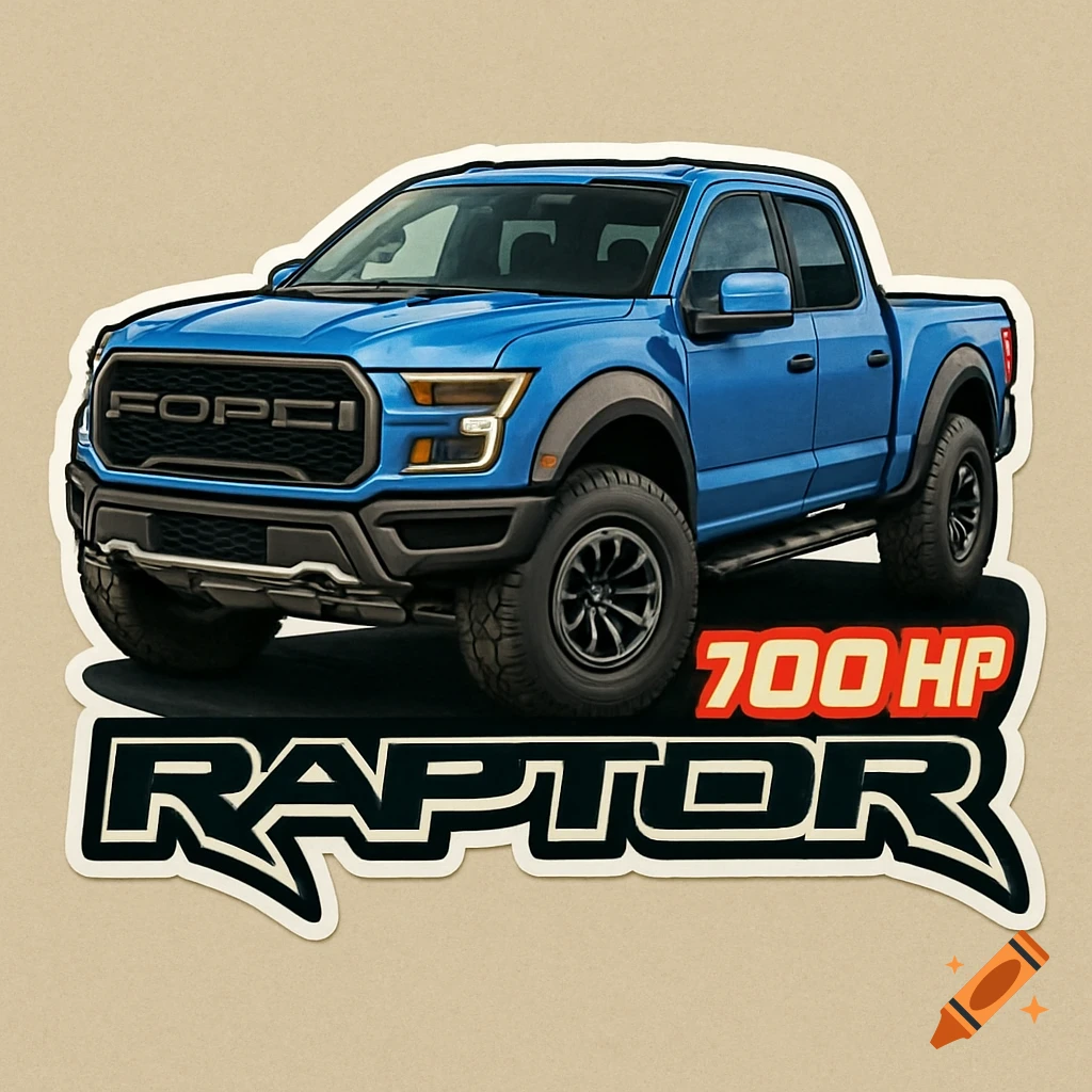 A blue Ford F-150 Raptor truck sticker with '700 HP' and 'RAPTOR' text.