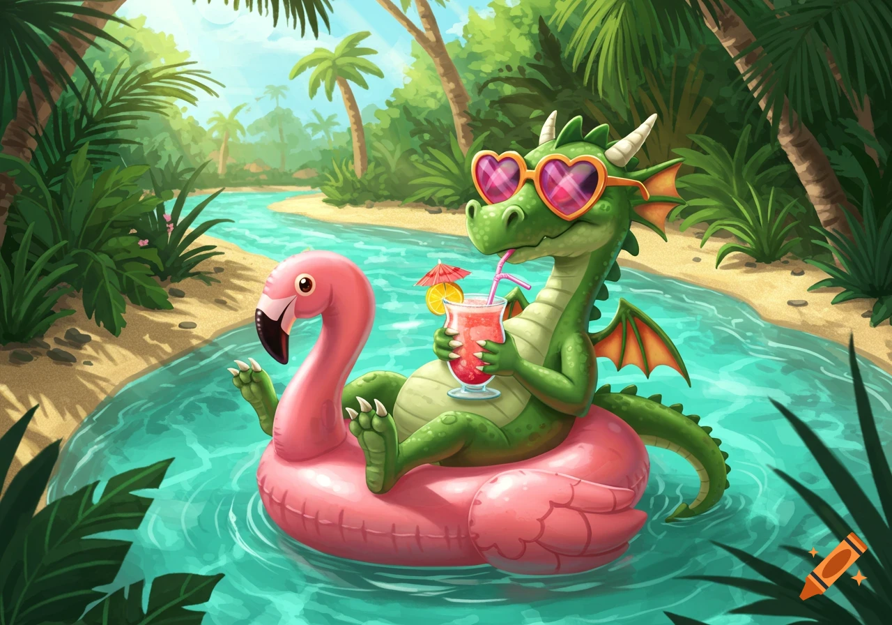 A cute green dragon in heart sunglasses relaxes on a pink flamingo floatie, sipping a cocktail in a tropical lazy river.