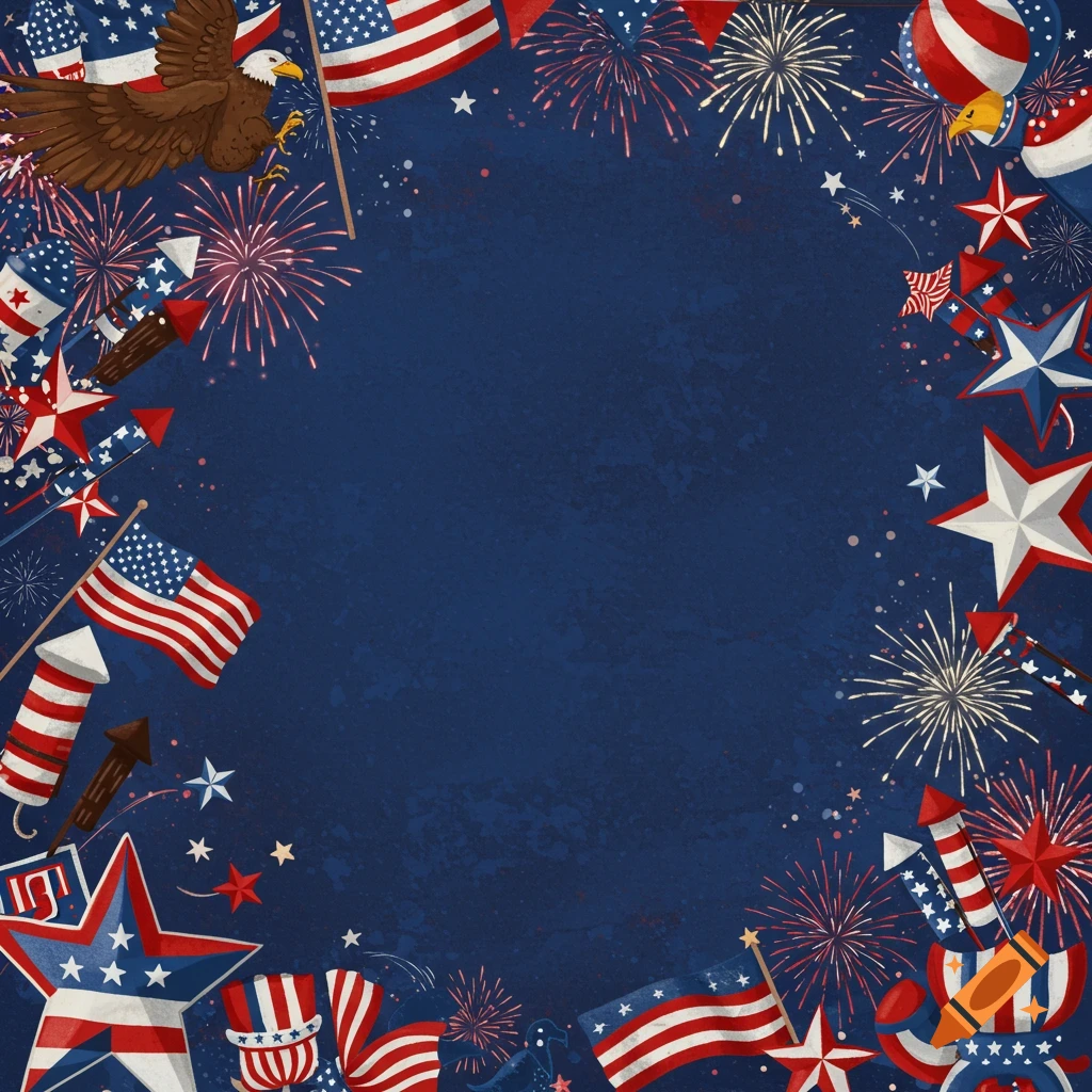 Patriotic border illustration for Fourth of July with flags, fireworks, stars, and a bald eagle on a dark blue background.