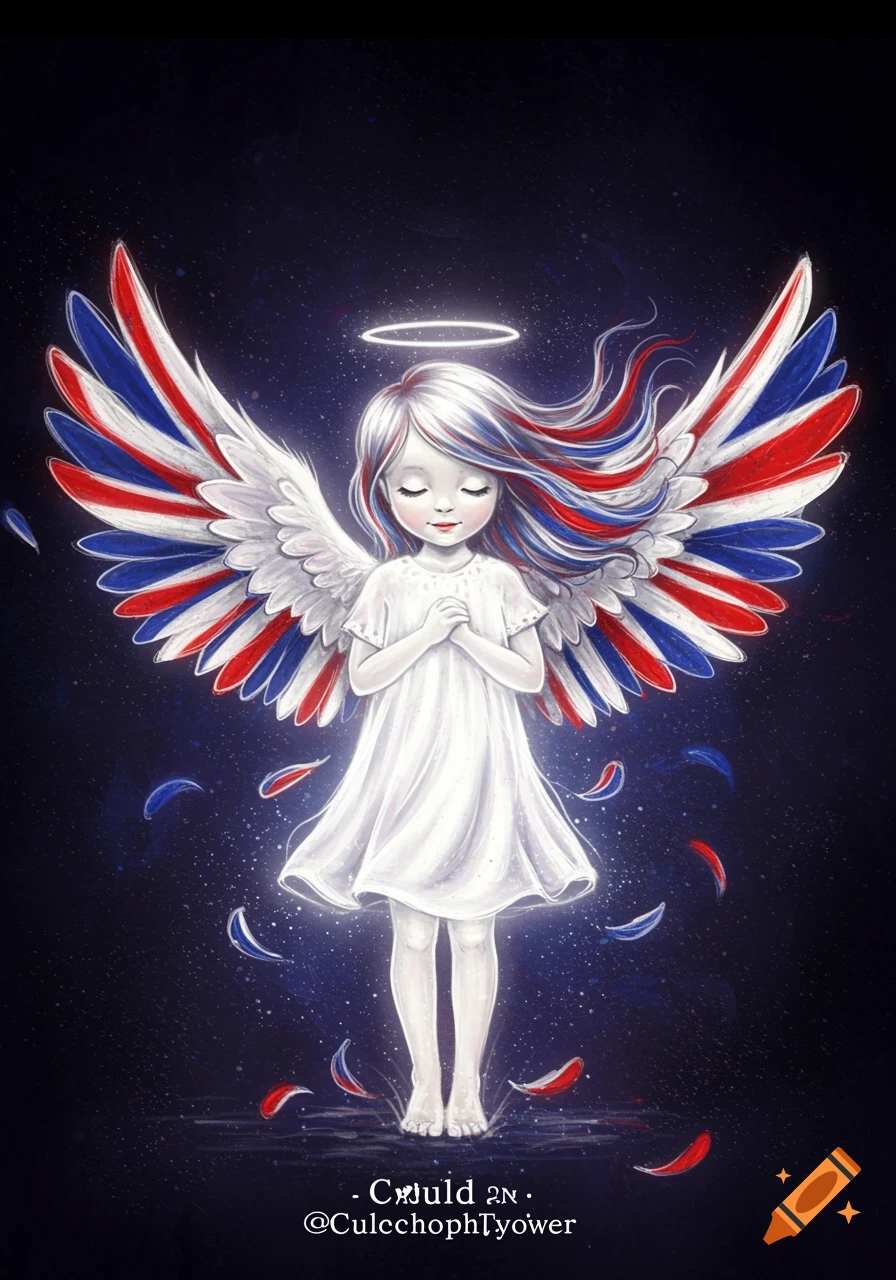 A whimsical angel girl with red, white, and blue wings and hair, glowing softly against a dark background, standing barefoot with hands clasped in prayer.