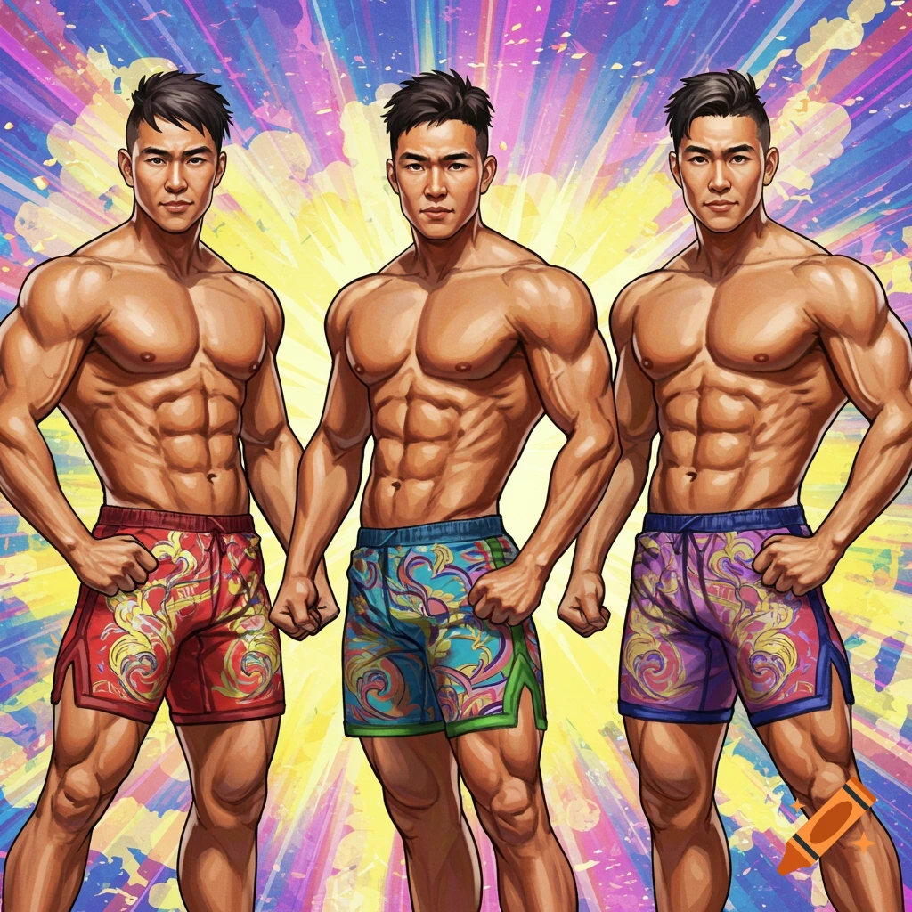 Three muscular Asian men in colorful shorts stand against a vibrant, bursting background.