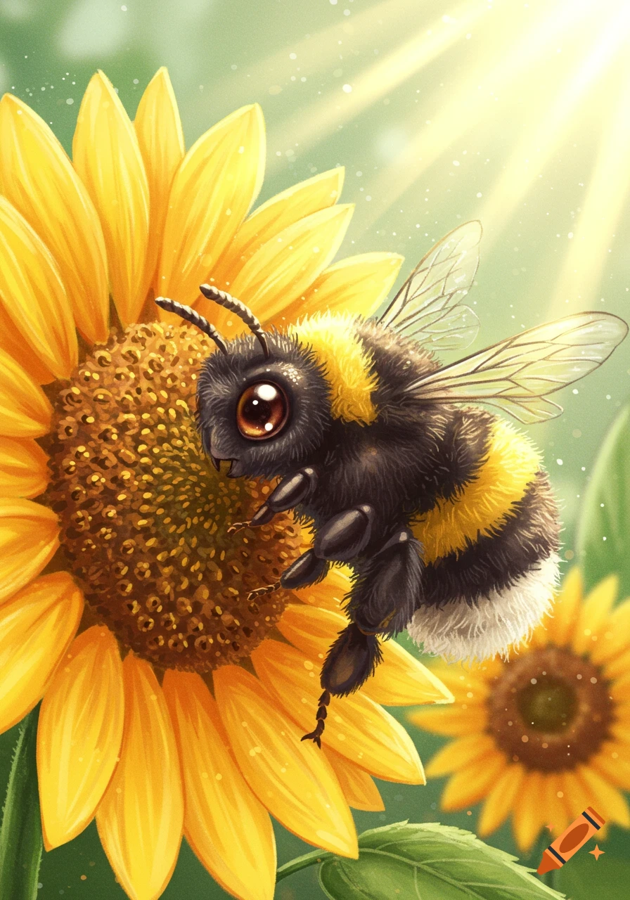 A cute, fluffy bumble bee with large eyes rests on a vibrant yellow sunflower under bright sunlight, in an illustration style.