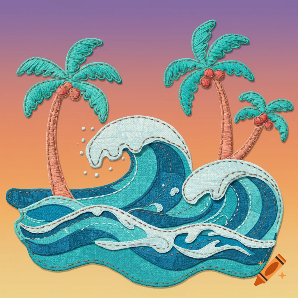 Stylized embroidery art of tropical palm trees and waves against a gradient sunset background.