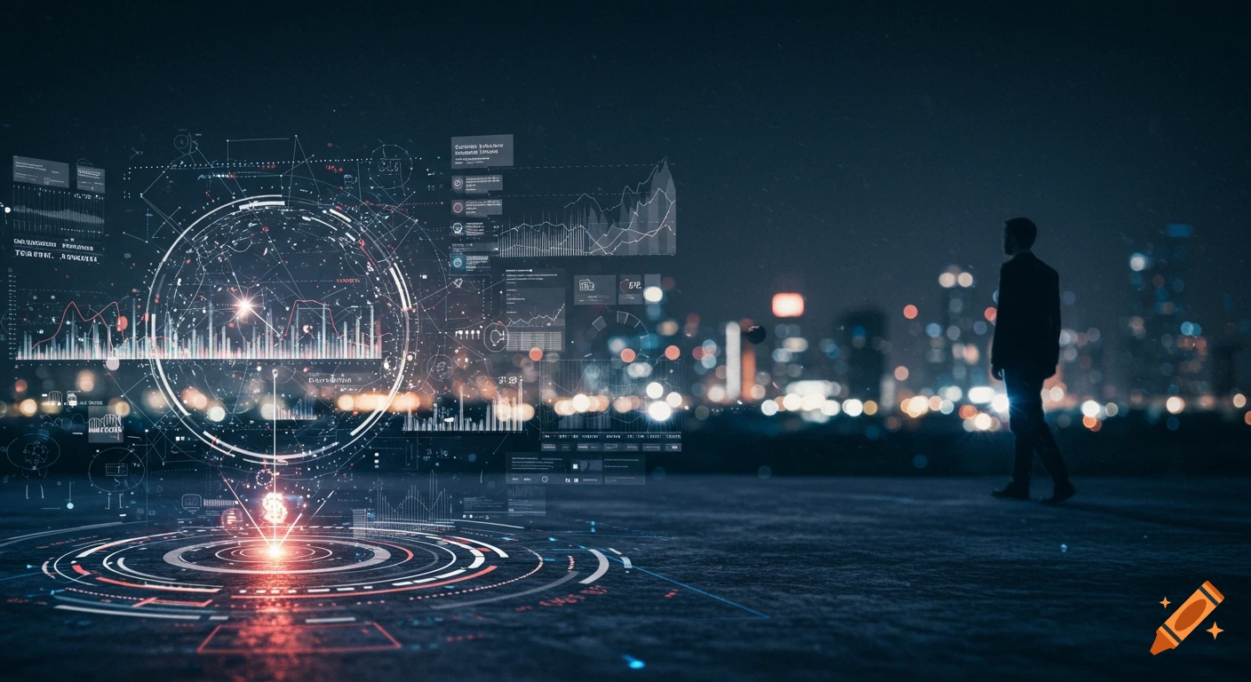 Man stands on a rooftop overlooking a city at night, interacting with glowing holographic data visualizations.