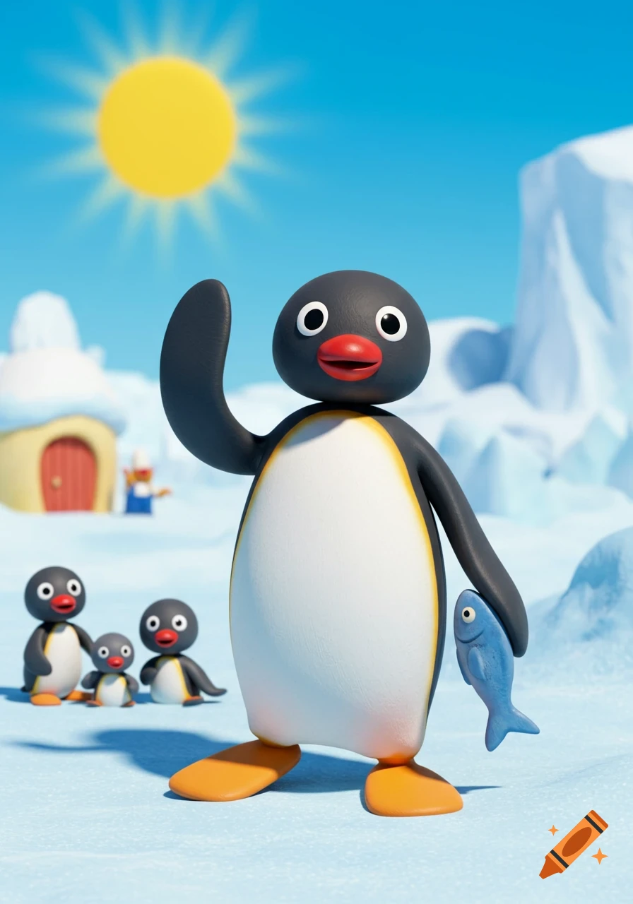 Pingu waves while holding a fish in a sunny, snowy arctic landscape with other penguins and an igloo.