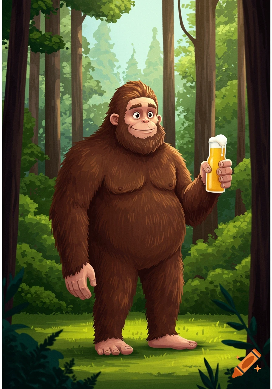 Cartoon illustration of a smiling Bigfoot holding a beer bottle in a forest.
