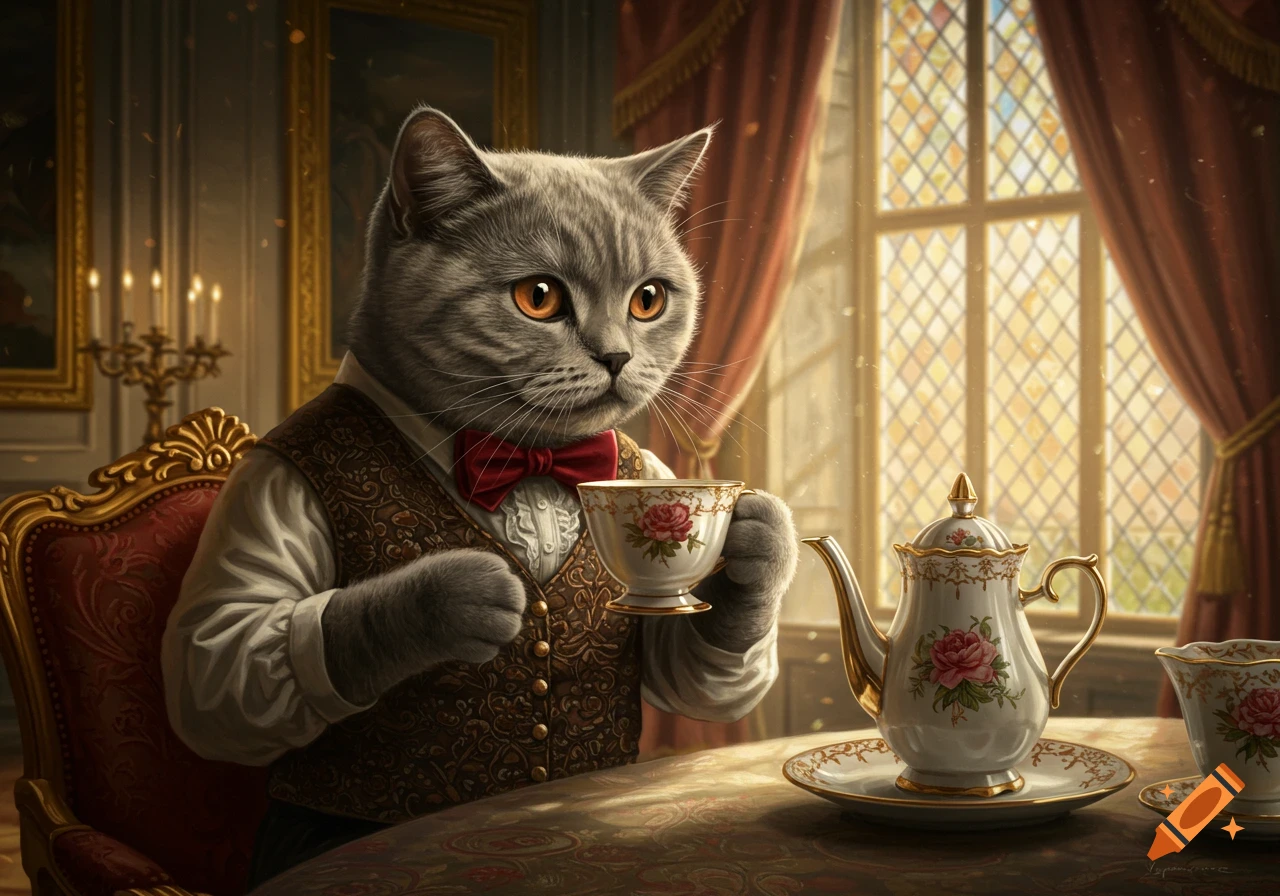 A gray British Shorthair cat in a vest and red bow tie sips tea from a delicate cup, seated at a table in a lavish, sunlit palace room with ornate furniture and a large window.
