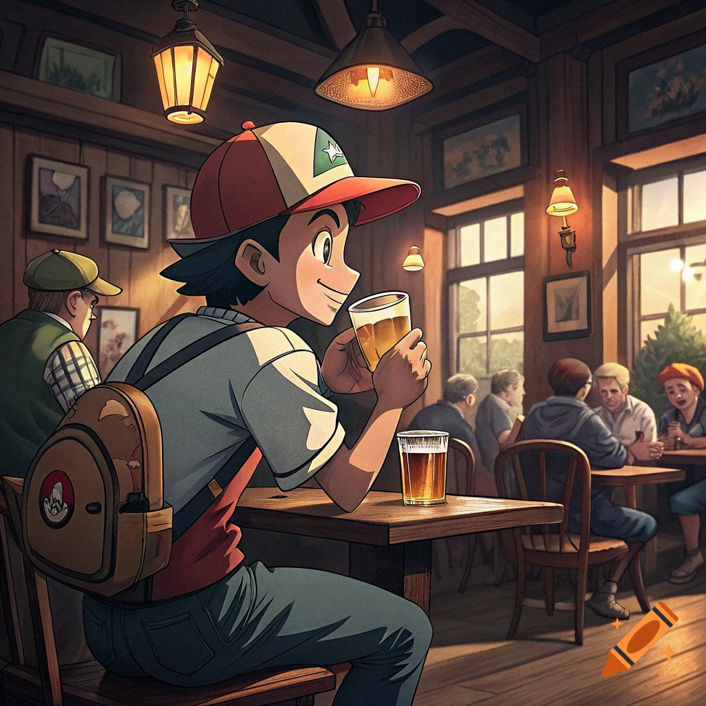 Ash Ketchum from Pok Hemon sits at a wooden table in a busy British pub, holding a pint of beer and smiling. Anime style.