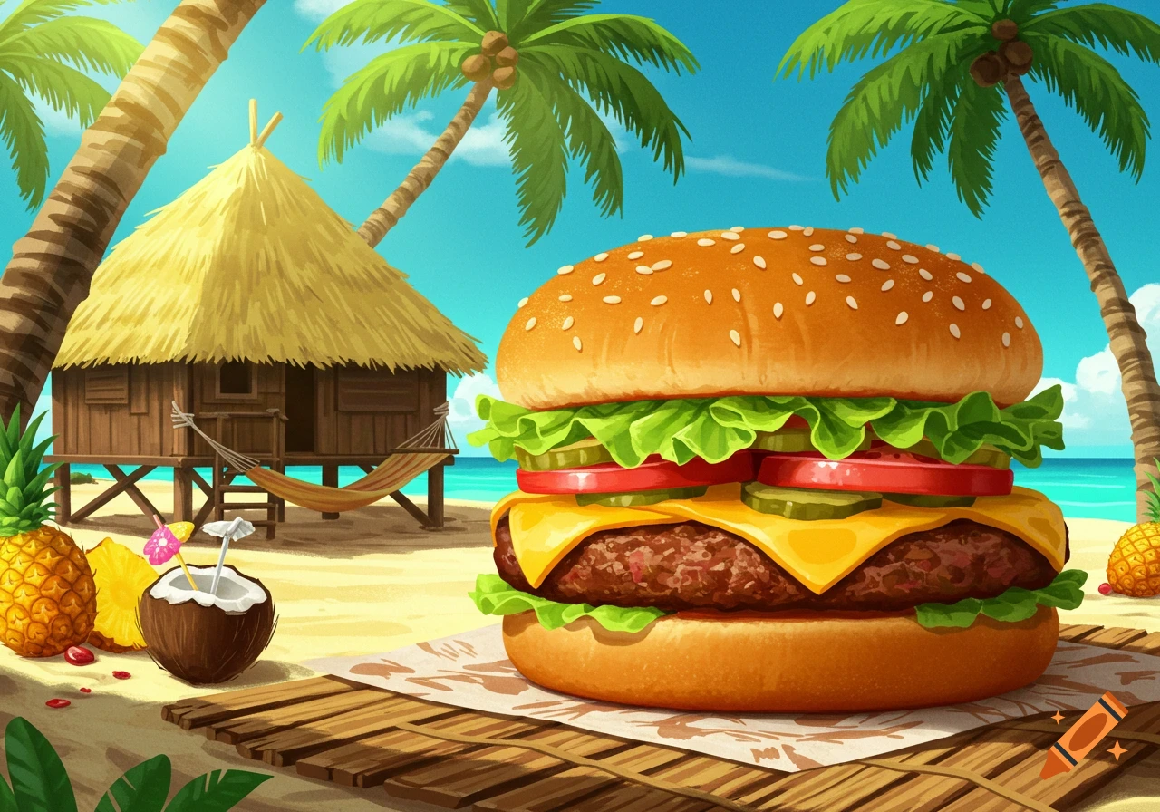 A delicious cheeseburger with lettuce, tomato, and cheese sits on a wooden surface on a sunny tropical beach next to a hut and palm trees, in an illustration style.