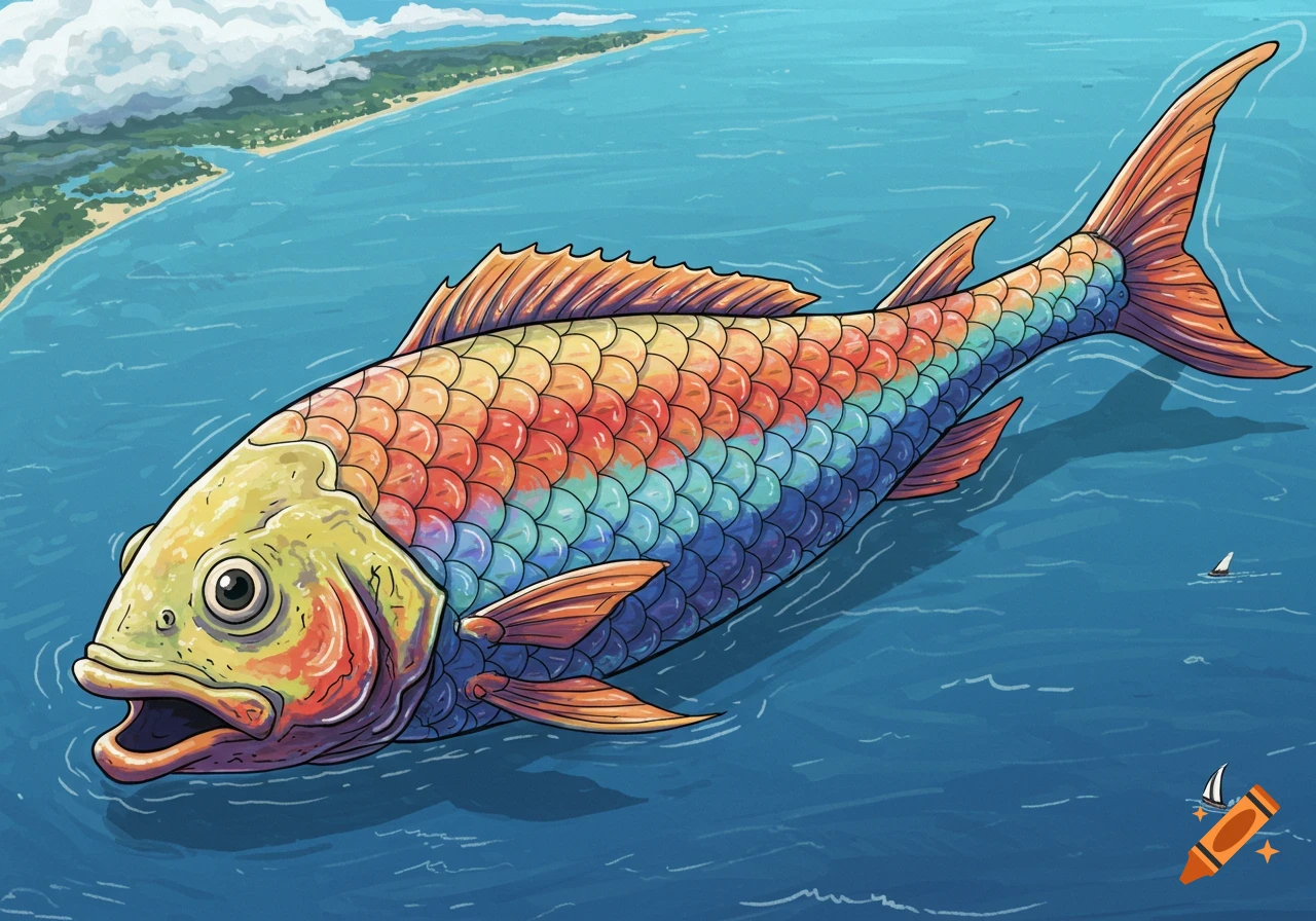 A giant, colorful rainbow-scaled fish swims in blue ocean water near a green coastline with small sailboats, in an illustrated style.