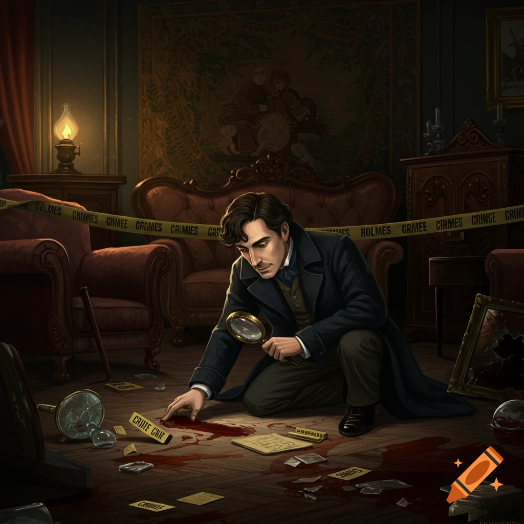 A man resembling Sherlock Holmes in Victorian attire kneels at a crime scene, examining bloodstains and broken items on the floor with a magnifying glass. Yellow crime tape stretches across the room.
