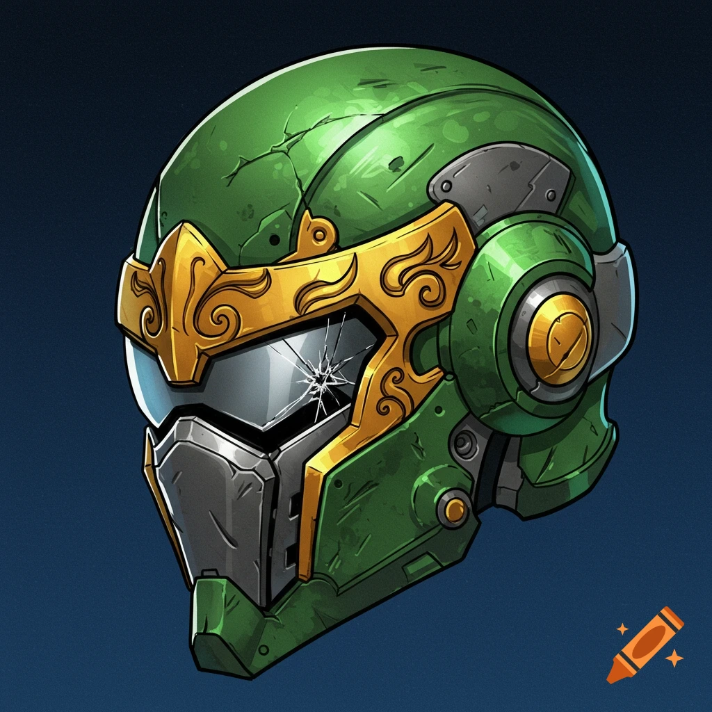 A stylized green combat helmet with gold accents and a cracked slate grey visor.
