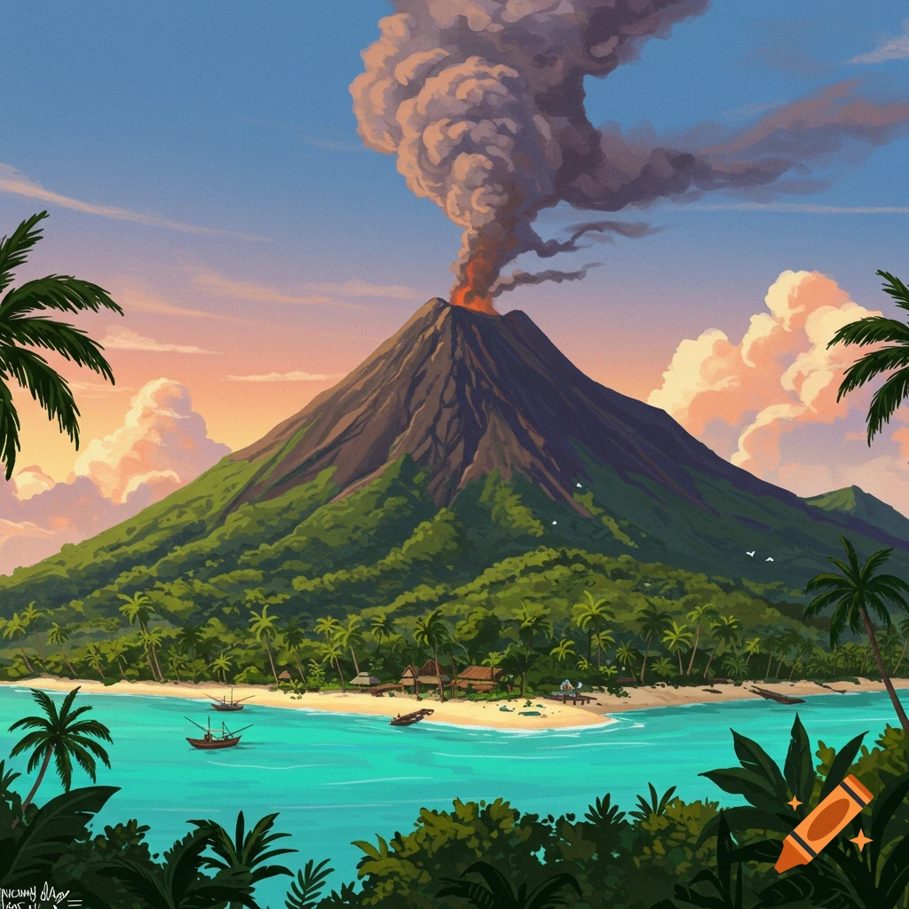 Illustration of a tropical island with an erupting volcano, a sandy beach, and boats in turquoise water at sunset.