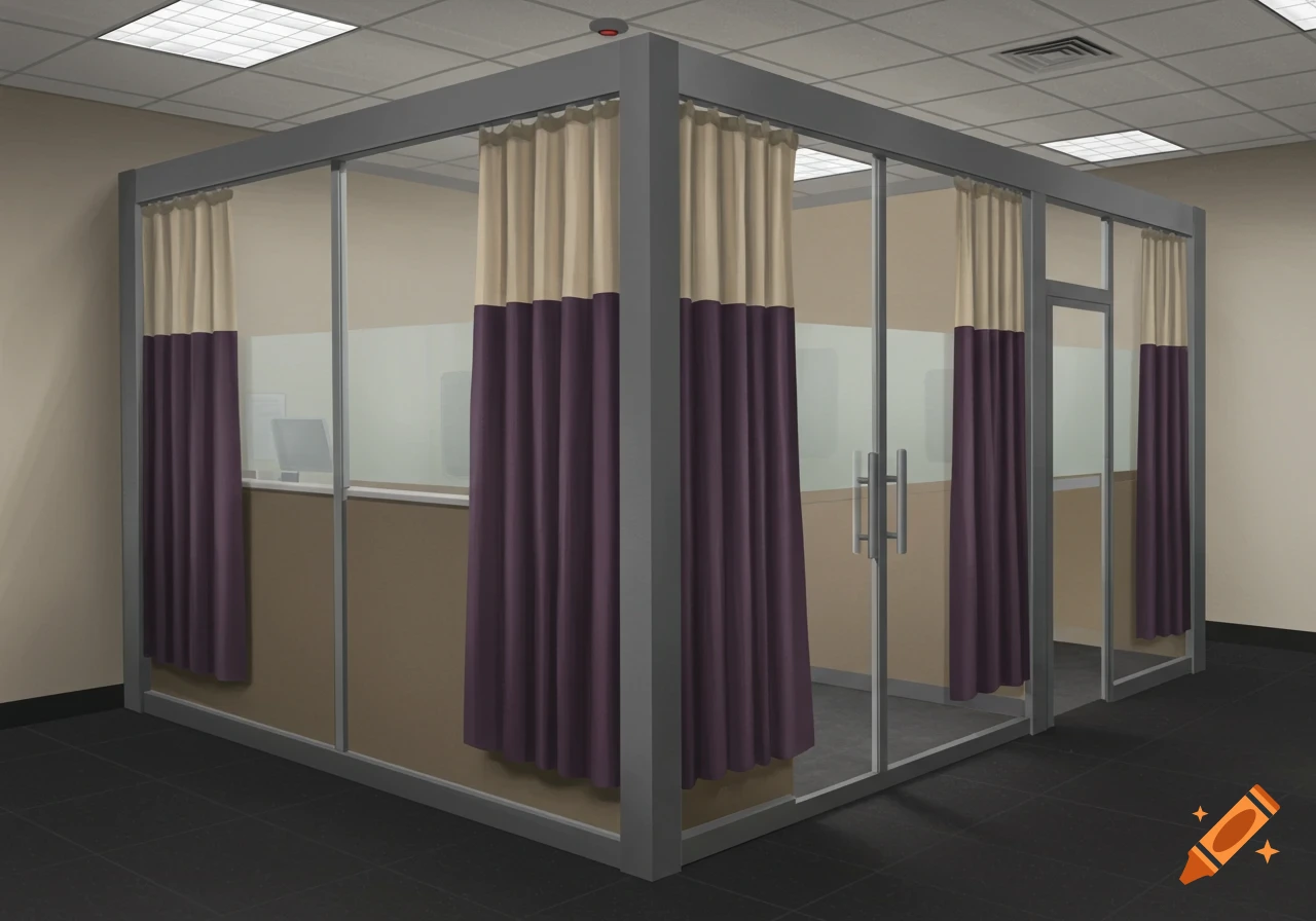 A digitally illustrated reception desk cubicle with glass walls and beige and purple curtains, featuring a frosted glass door and dark tiled floor.