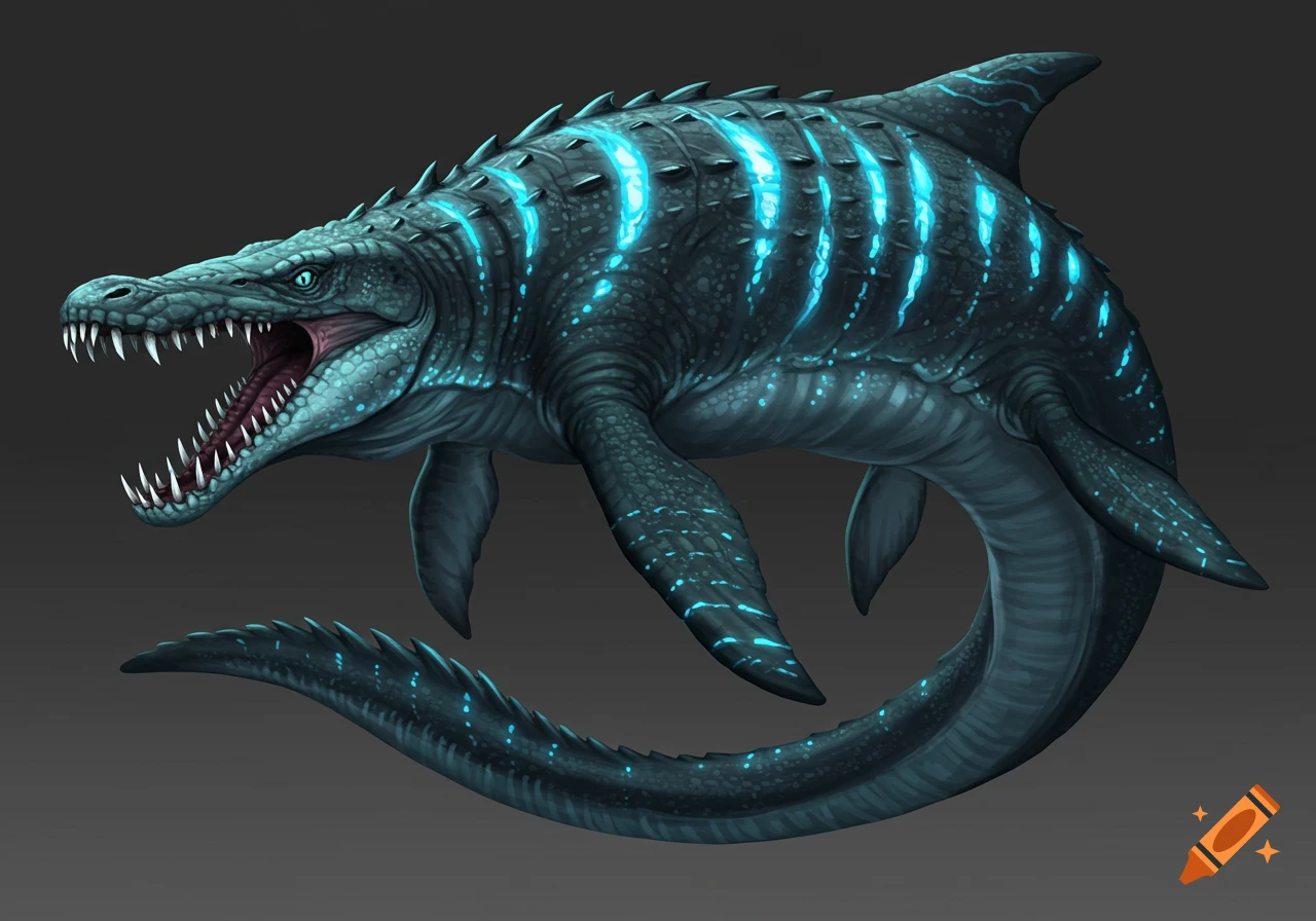 A monstrous blue-green sea creature with glowing light blue patterns, sharp teeth, and a powerful tail, on a dark background.