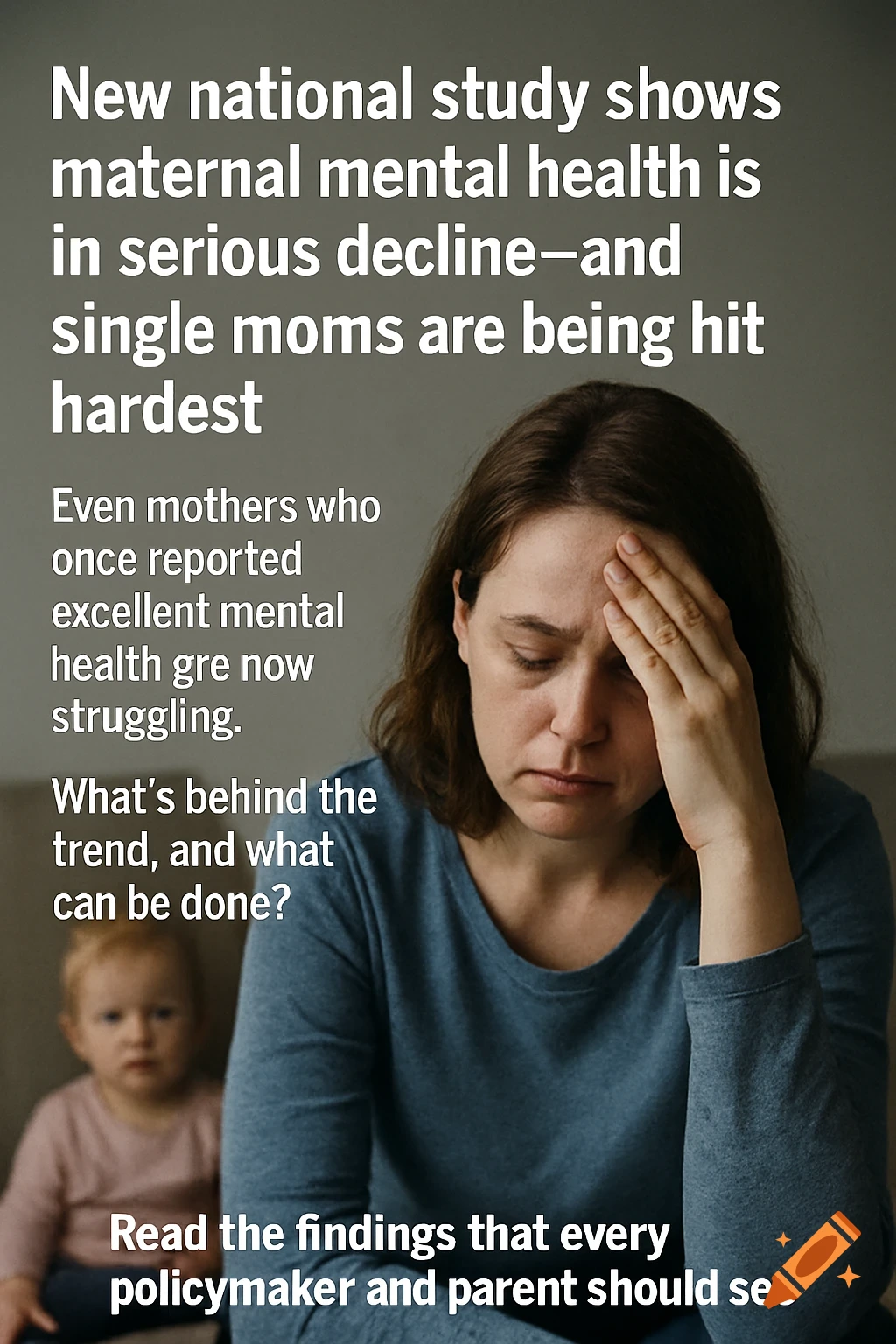 A distressed woman holds her head with a baby in the background, text about maternal mental health decline.