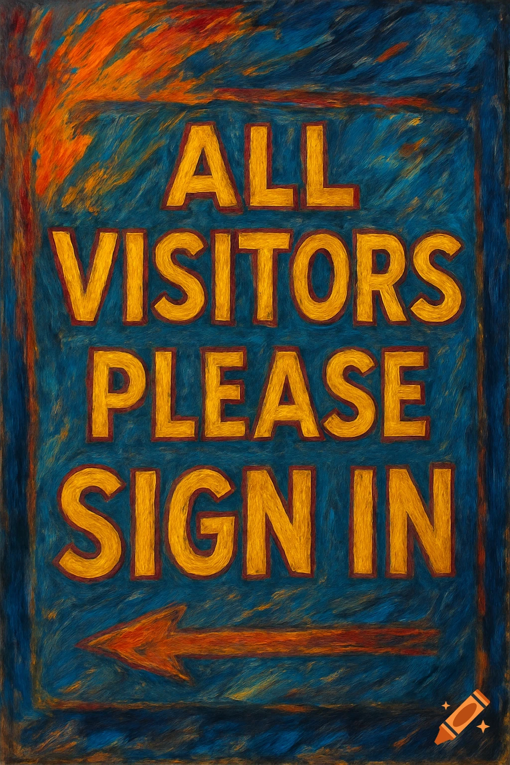 A textured orange and blue sign, resembling a painting, reads "ALL VISITORS PLEASE SIGN IN" with an arrow pointing left.